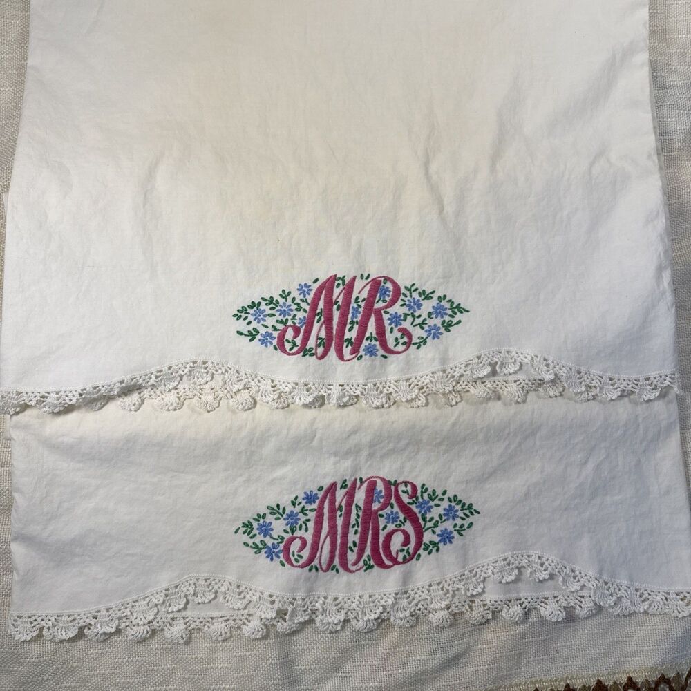 Mr & Mrs Pillowcases Embroidered Crocheted Floral Cottagecore Vintage Set 2 Read